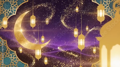 Golden crescent moon with lanterns floating in a star filled night sky