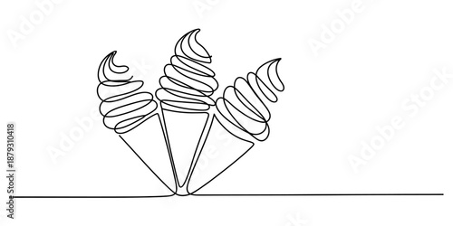 Abstract continuous line drawing illustration of three soft serve ice cream cones Vector, illustration