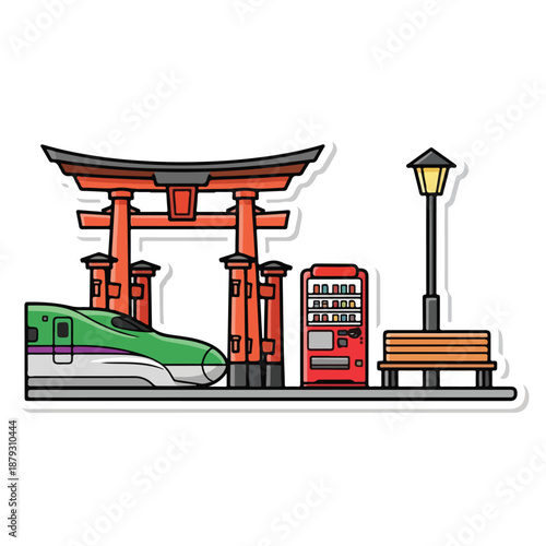 A green train passes a Japanese gate