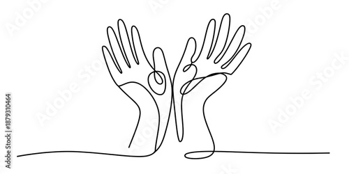 Continuous line drawing of two hands raised up in a gesture of care and support Vector, illustration