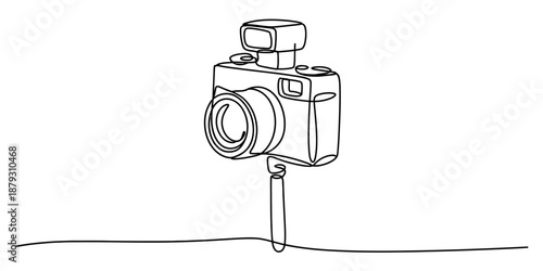 A minimalist single continuous line drawing of a camera with an external flash and tripod Vector, illustration