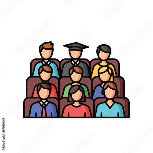 A group of cartoon people sitting in brown chairs