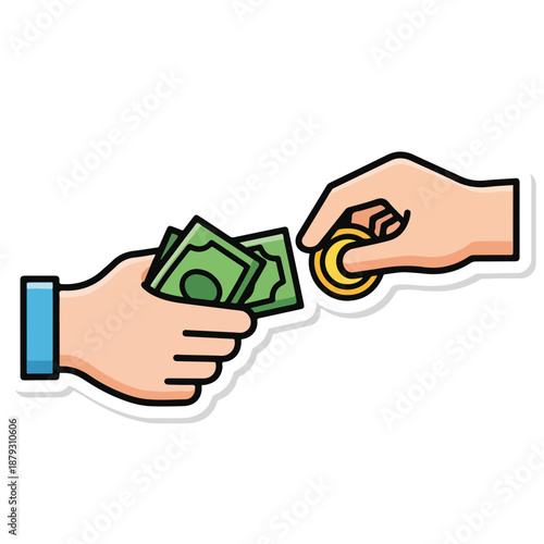 A hand exchanging cash and coins