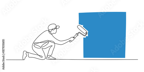 Continuous line drawing of a person kneeling and applying blue paint to a wall with a roller Vector, illustration