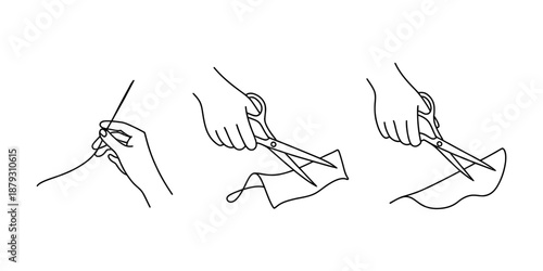 Illustrations depicting fundamental tailoring actions: threading a needle and cutting fabric with scissors Vector, illustration