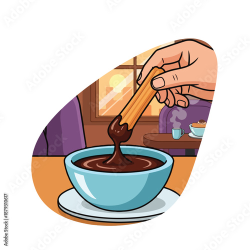 A hand dipping a churro into chocolate