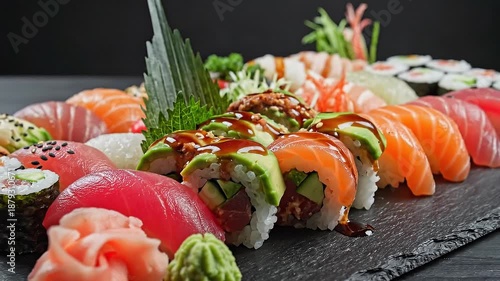 Sushi Rolls with Salmon and Avocado.