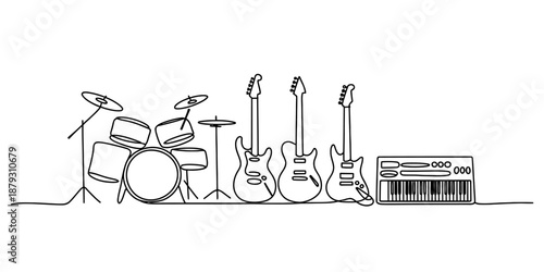 A continuous line drawing illustrating a complete set of musical band instruments Vector, illustration