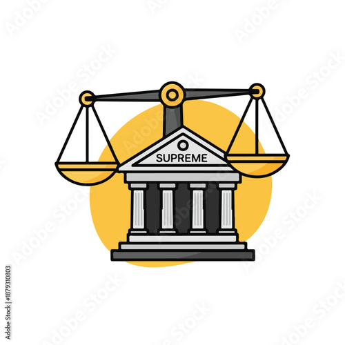 A graphic of a supreme court building with a scale