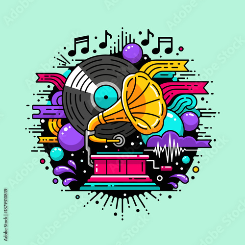 Vintage Gramophone and Vinyl Record Illustration.