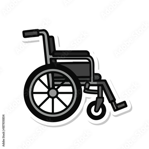 A gray and black illustration of a wheelchair on white