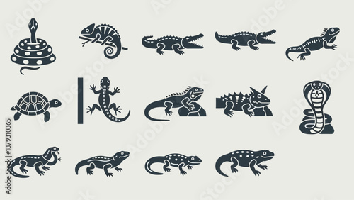 Collection of reptile and amphibian icons in silhouette