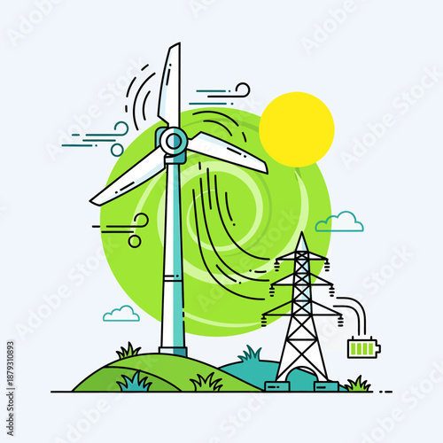 Wind Turbine Generating Electricity with Power Lines.