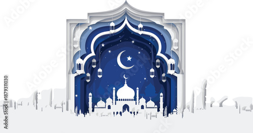 Layered paper-cut mosque, crescent moon, hanging lanterns, starry night, Islamic architecture, Ramadan celebration, Eid theme, religion, culture, tradition