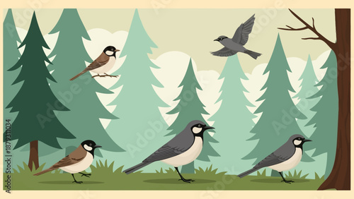 Illustration of forest birds among pine trees in a peaceful natural environment