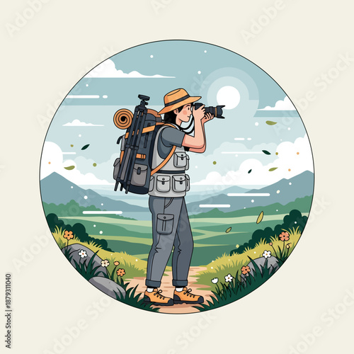 Cartoon Traveler with Camera and Backpack Standing.