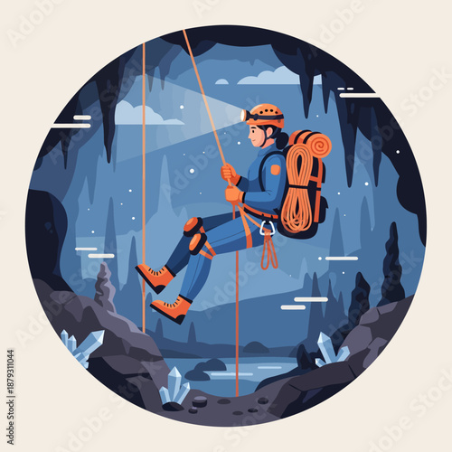 Caver rappelling down a cave wall.