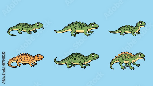 Seamless pattern of cute cartoon lizards on a blue background.