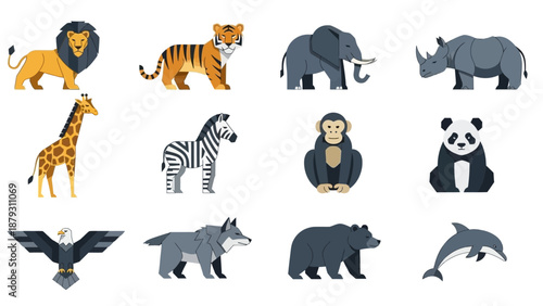 Photography A vibrant collection of flat design wild animals on a white background
