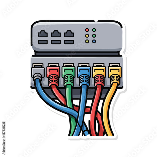 A gray network switch with six colorful ethernet cables