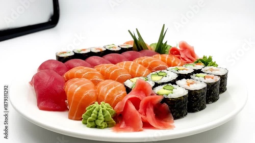 Sushi Sashimi Rolls on White Plate.