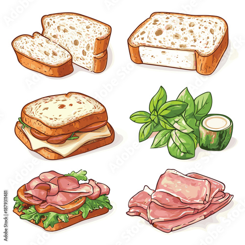 Ham Sandwich Ingredients , vector style simple color