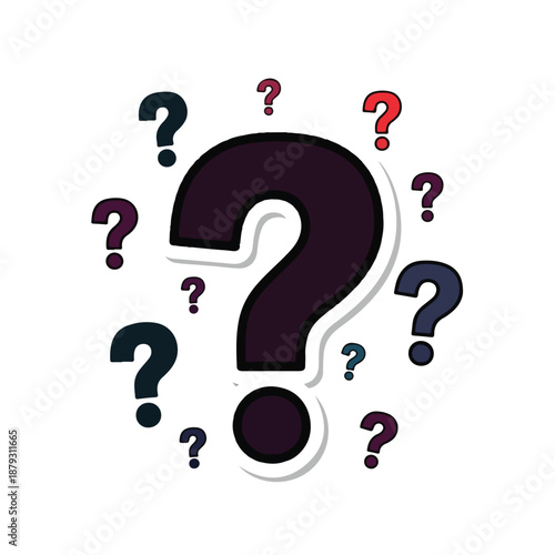 A large question mark surrounded by smaller question marks