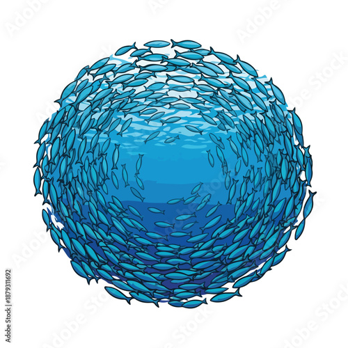 A large school of blue fish swim together in a circular formation