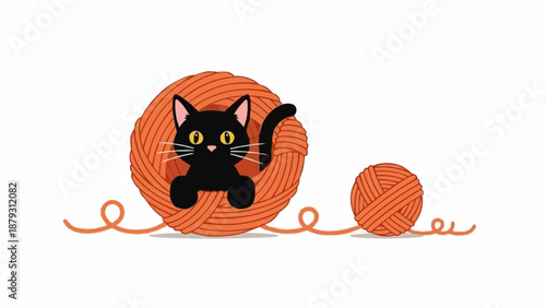 Cute black cat playing with a ball of orange yarn.