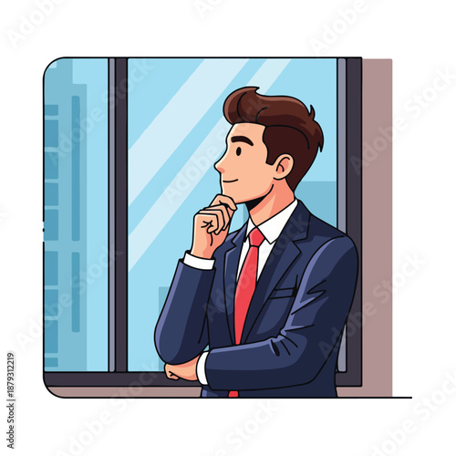 A man in a suit looking out the window thoughtfully