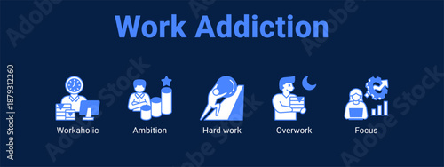 Work Addiction web banner icon vector illustration concept ,  with icon of Workaholic, Ambition, Hard work.