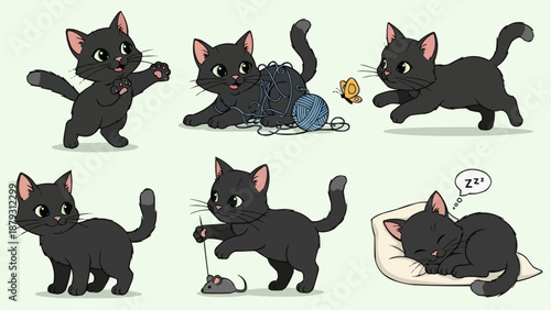 Cute Black Cat Cartoon Character Poses.