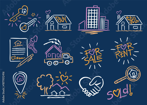 Illustration of a set of stylized icons for real estate agencies.