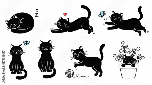 Cute Black Cat Illustrations in Various Poses and Activities.