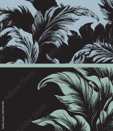 Elegant set of two hand-drawn foliage backgrounds. Large-scale botanical leaves with fine-line etching textures in black, sage green, and light blue. Ornate, sophisticated aesthetic.