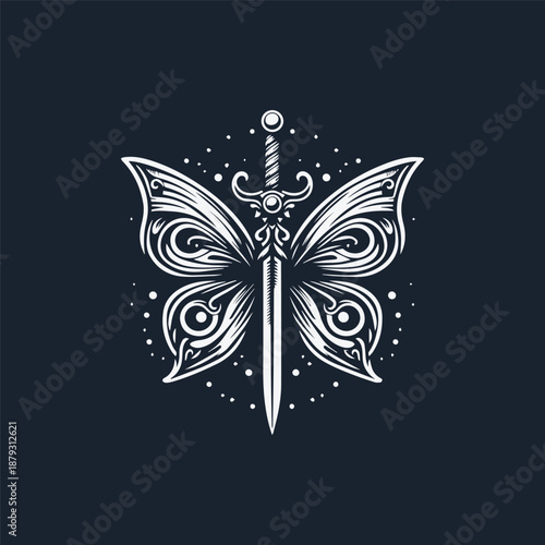 Butterfly logo template with a sword stuck in the middle