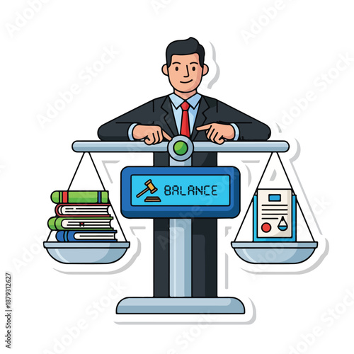 A man in a suit stands behind a balance scale
