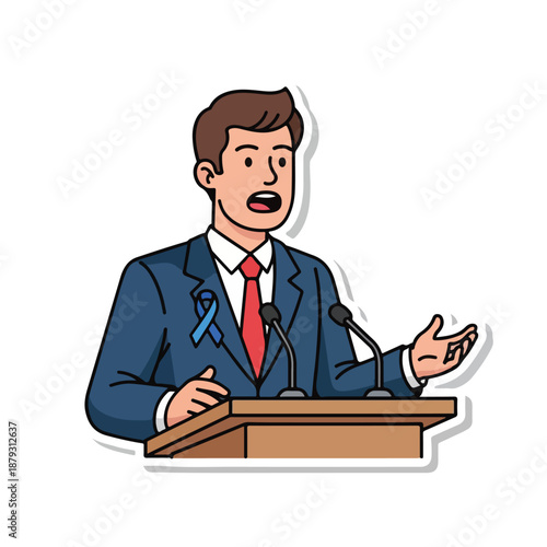 A man in a suit speaks at a podium