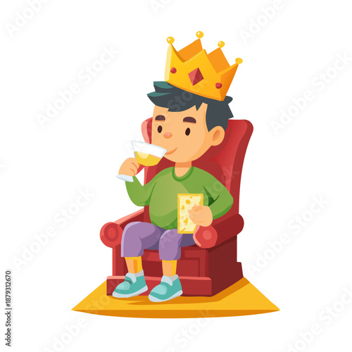 Cartoon illustration of a young boy king sitting on cheese throne drinking