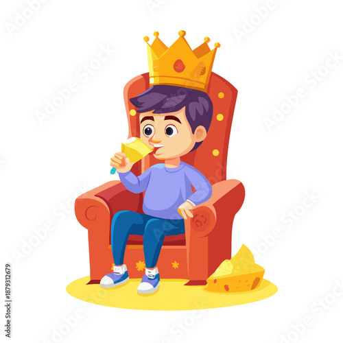 Cartoon illustration of a young boy king sitting on cheese throne drinking