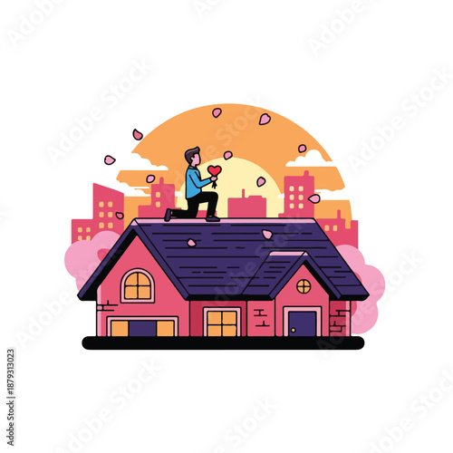 A man on a roof holding a heart