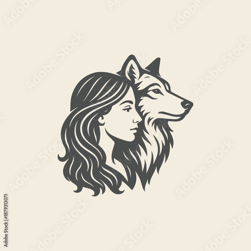 Girl and wolf face logo vector