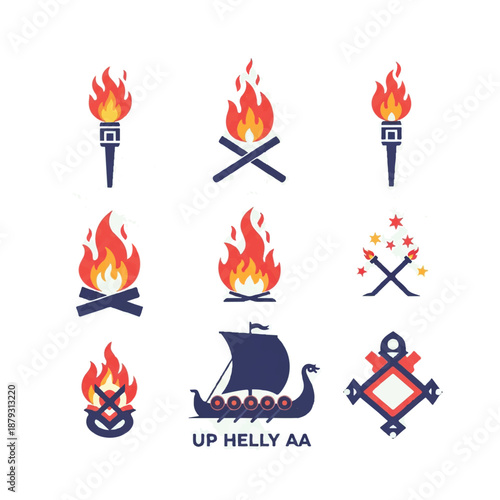 Up Helly Aa Fire Festival Symbols Flat Illustration