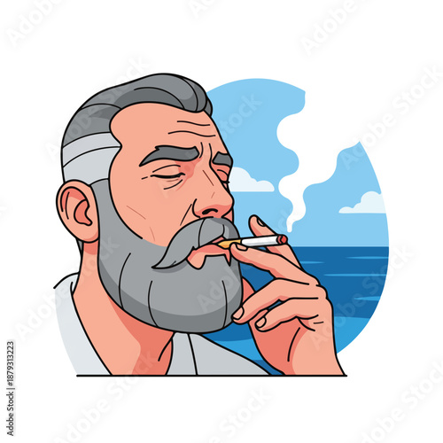 A man smoking with a serene ocean view