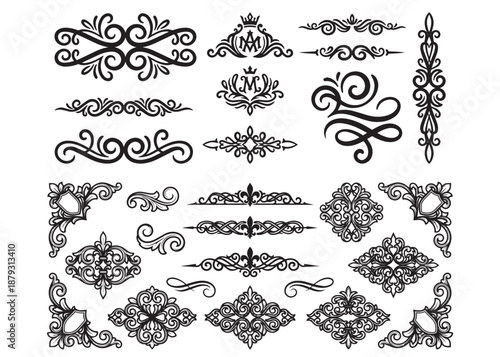 Set of vintage decorative design elements ornament borders frames scrolls