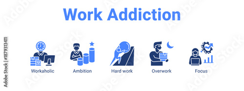 Work Addiction web banner icon vector illustration concept ,  with icon of Workaholic, Ambition, Hard work.