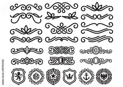 Collection of vintage decorative ornament borders frames and heraldic shields