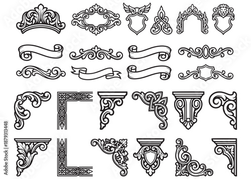 Set of vintage decorative design elements ornament borders frames corners