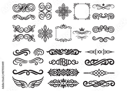 Collection of vintage decorative design elements ornament borders frames swirls