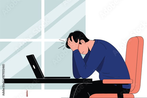 Stressed man sitting at a computer desk holding his head in frustration, flat vector illustration of burnout and mental health at work.